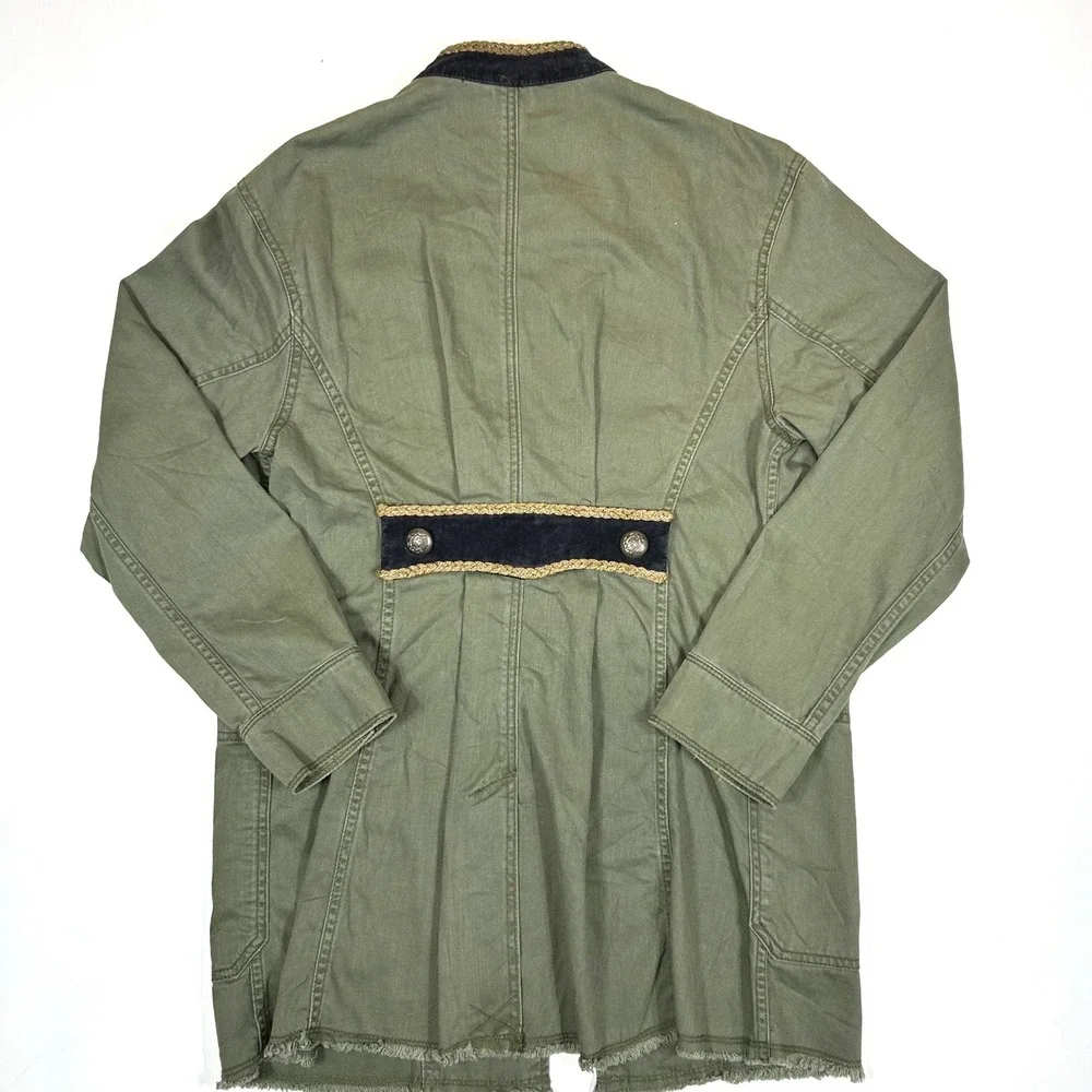 Free People Military Band Jacket Olive Green Gold Frog Closure Velvet Trim S